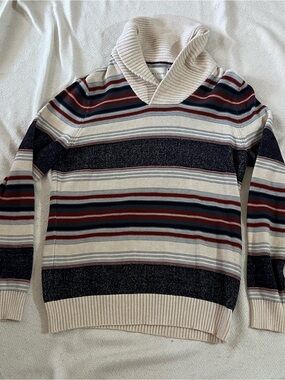 Men’s Large Sun + Stone Cream Ribbed Turtleneck Sweater with Striped Trim